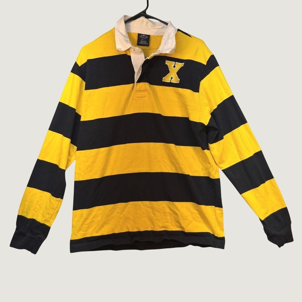 Charles River Rugby Shirt Men's L Navy Gold Striped Varsity X Collegiate Cotton